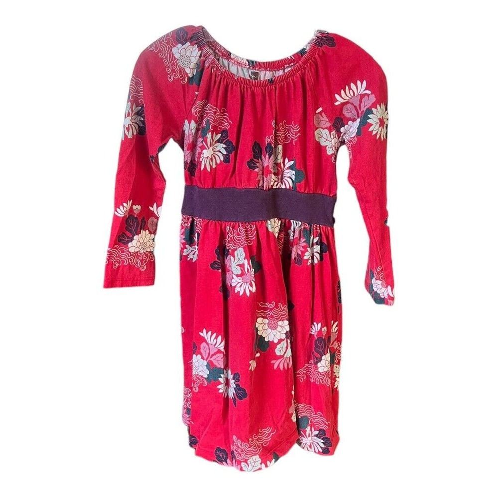 Tea Collection Dress Girls 5 Red White Floral Kata Obi‎ Long Sleeve Flowers